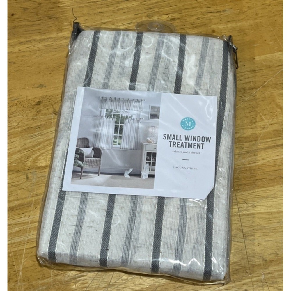 Martha Stewart Small Window Curtain‎ Set Tiers Valance Gray Laguna Stripe Woven
